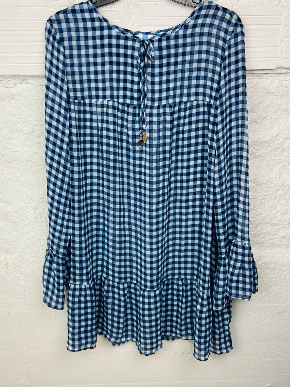 NWOT Draper James Blue and White sheer Gingham flare sleeve Swim Coverup SZ M L